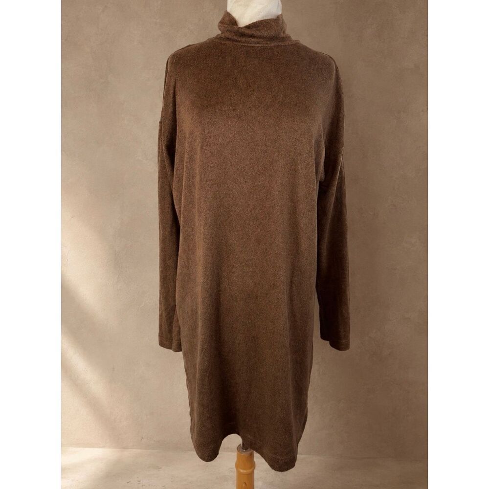 Uniqlo Sz M Mock Neck Sweater Dress Brown Soft Knit Long Sleeve Minimalist